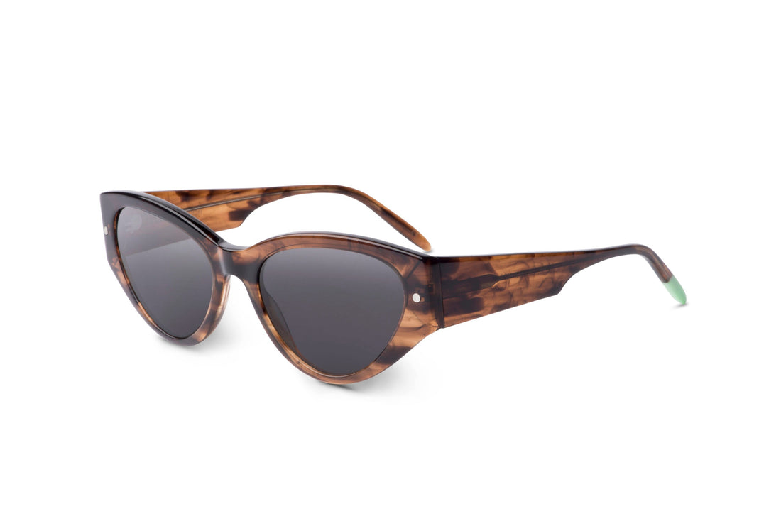 Smokey brown sunglasses angled view, dark lenses and green-tipped temples