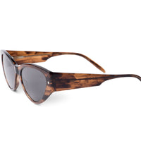 Smokey brown tortoiseshell sunglasses side view with dark lenses and green tips
