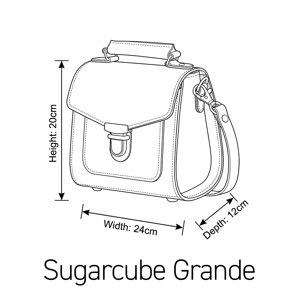 Line drawing of leather satchel with buckle; 20cm height, 24cm width, 12cm depth