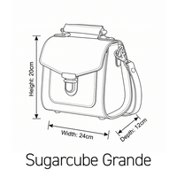 Line drawing of leather satchel with buckle; 20cm height, 24cm width, 12cm depth