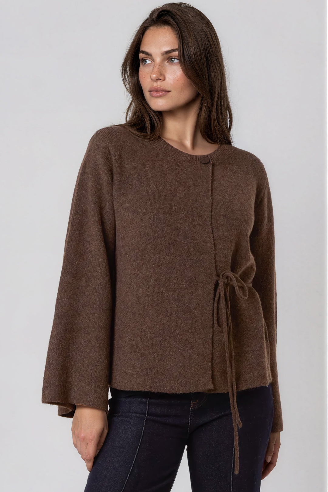 Brown Knitted Side‑Tie Cardigan-0