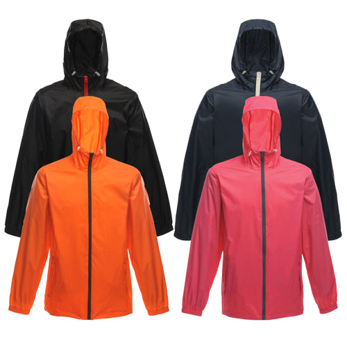 Hooded waterproof jackets shown in black, navy, orange, and hot pink, with front zippers