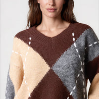 Chocolate Argyle Pattern V Neck Jumper-1