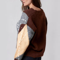 Chocolate Argyle Pattern V Neck Jumper-2