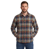 Men's olive-toned plaid shirt with button front, chest pockets, and side pockets