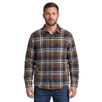 Men's olive-toned plaid shirt with long sleeves and two buttoned chest pockets