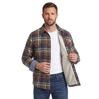 Men's olive-toned plaid shirt with plush light lining, worn open