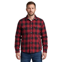 Men's red and black plaid shirt with button front and two chest pockets