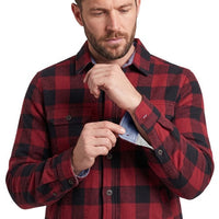 Men's red and black plaid shirt showing its button front and inner lining