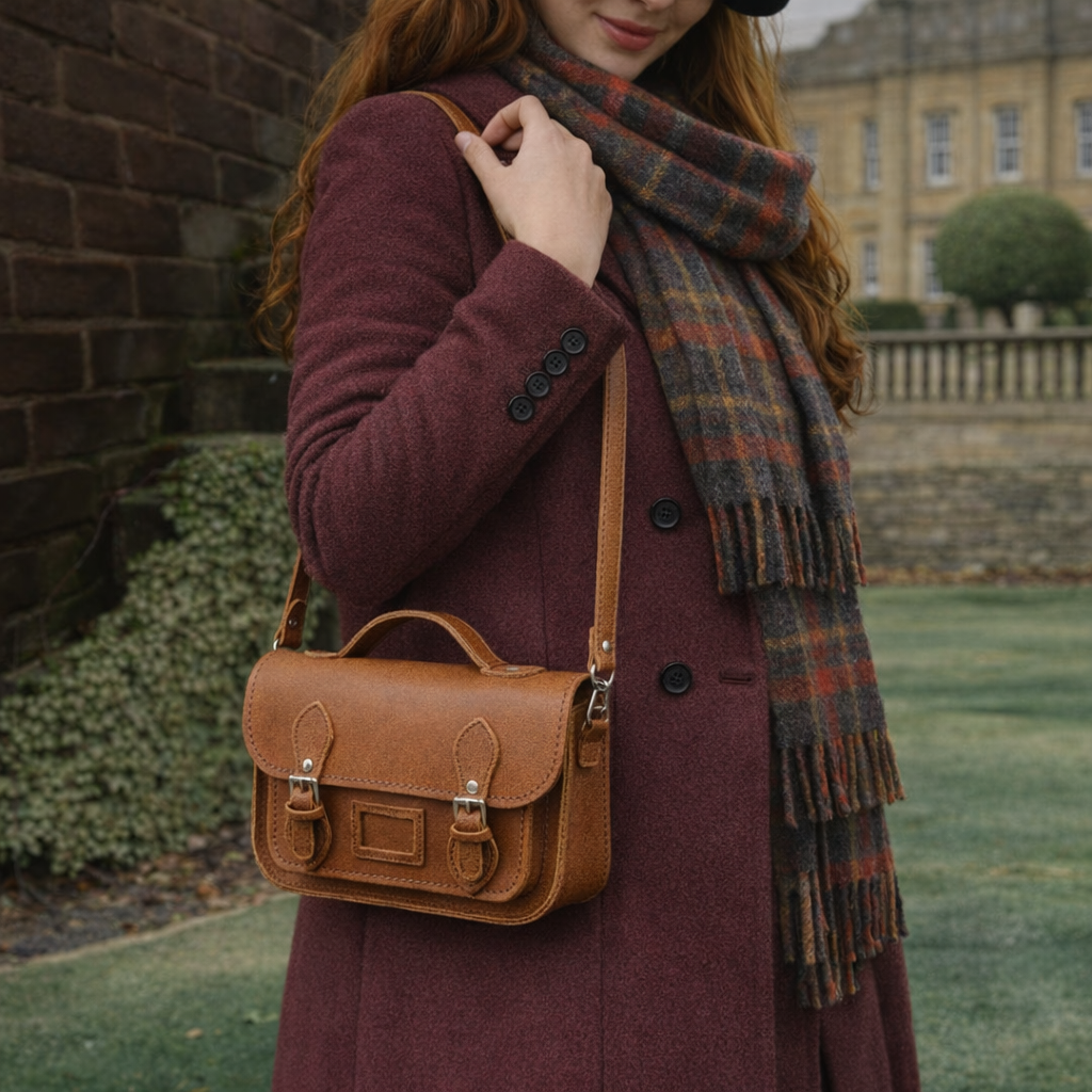 Tan leather satchel with front flap and buckle straps, worn over shoulder