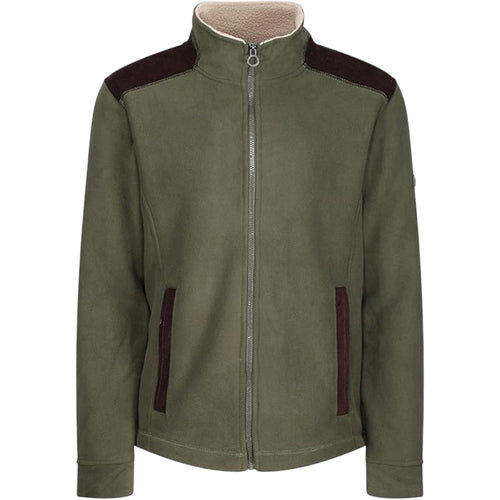 Dark khaki fleece jacket with sherpa-lined collar, brown shoulder panels and front zip