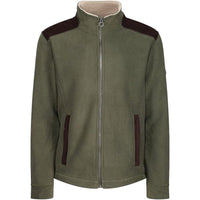 Dark khaki fleece jacket with sherpa-lined collar, brown shoulder panels and front zip