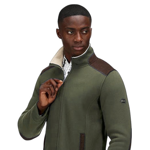 Olive fleece jacket with sherpa collar lining, brown shoulder panels and zip pocket
