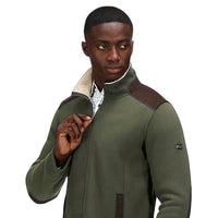 Olive fleece jacket with sherpa collar lining, brown shoulder panels and zip pocket