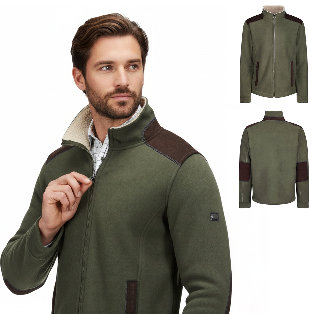 Olive fleece jacket with sherpa-lined collar, front and back views