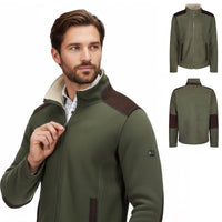 Olive fleece jacket with sherpa-lined collar, front and back views