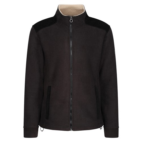 Black fleece jacket with sherpa-lined collar, brown shoulder panels and front zip