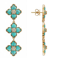Turquoise enamel triple drop flower earrings with gold-tone backs and post studs