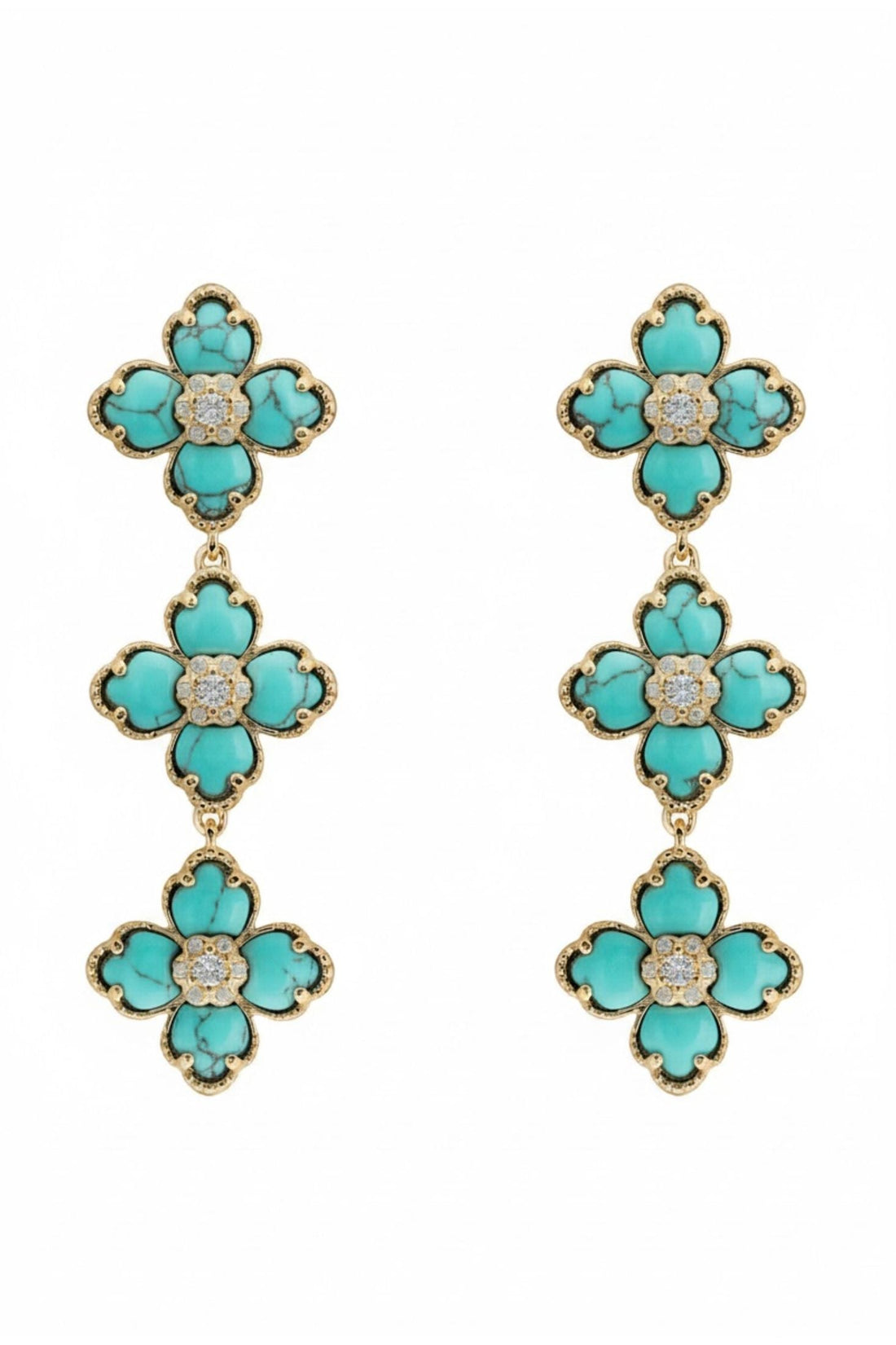 Gold-tone triple drop flower earrings with turquoise enamel and crystal centers