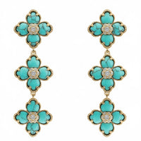 Gold-tone triple drop flower earrings with turquoise enamel and crystal centers