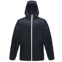 Navy hooded waterproof jacket with a white front zipper and elastic cuffs