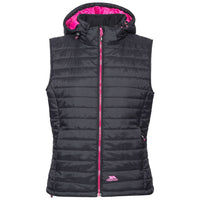 Women's black padded gilet with hood, bright pink lining and front zip.
