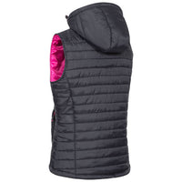 Women's dark padded gilet, rear view with attached hood and bright pink lining.
