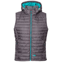 Women's charcoal padded gilet with hood, turquoise lining and front zip.