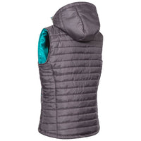 Women's charcoal padded gilet, rear view with hood and turquoise armhole lining.