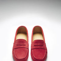 Pair of red suede loafers shown from the front, with penny straps and rounded toes