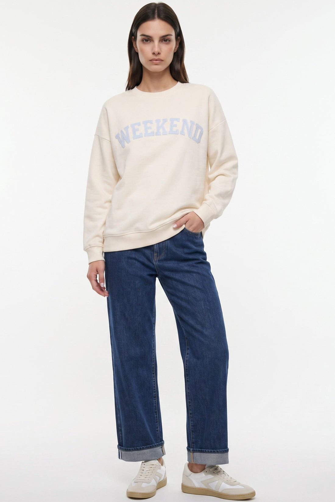 Ivory cotton-blend sweatshirt with light-blue Weekend embroidery, crew neck and cuffs