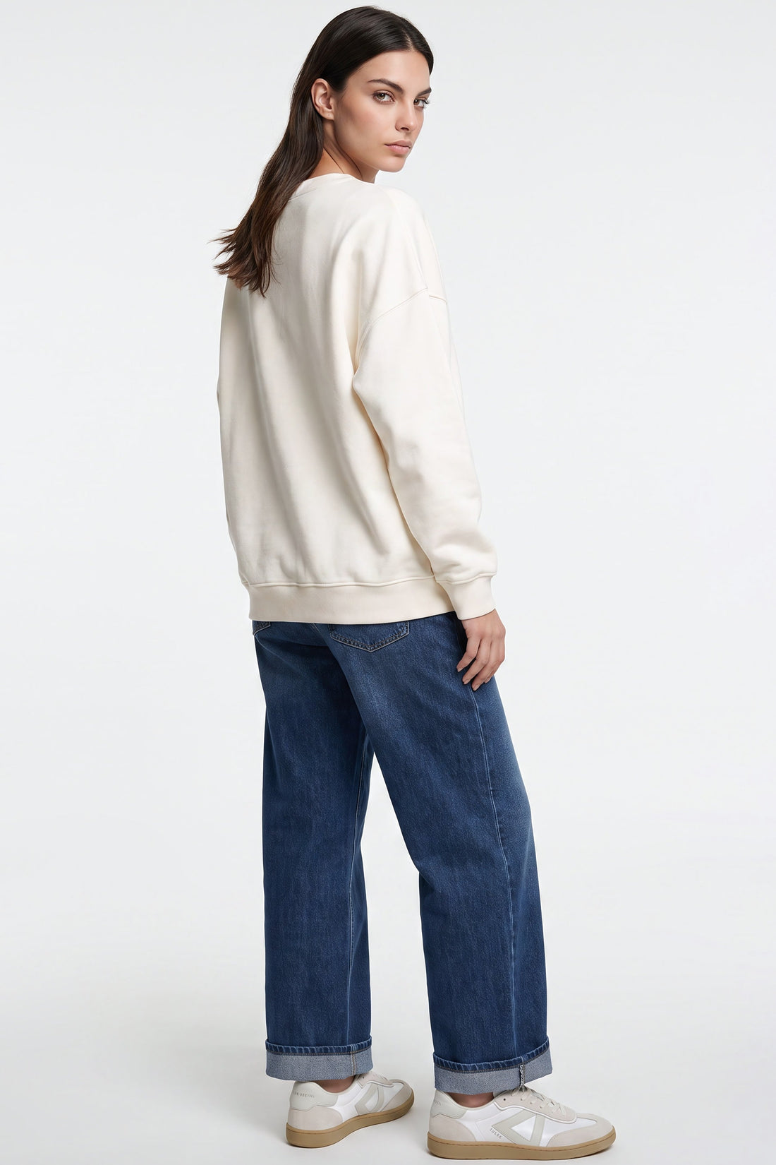 Ivory cotton-blend sweatshirt, side view with ribbed hem and sleeves, Weekend embroidery