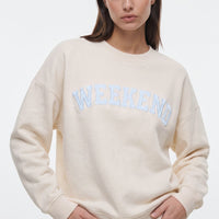 Ivory cotton-blend sweatshirt with Weekend embroidery across the chest, crew neck
