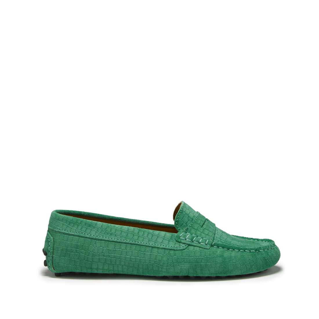 Emerald embossed suede penny loafer in side view