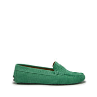 Emerald embossed suede penny loafer in side view