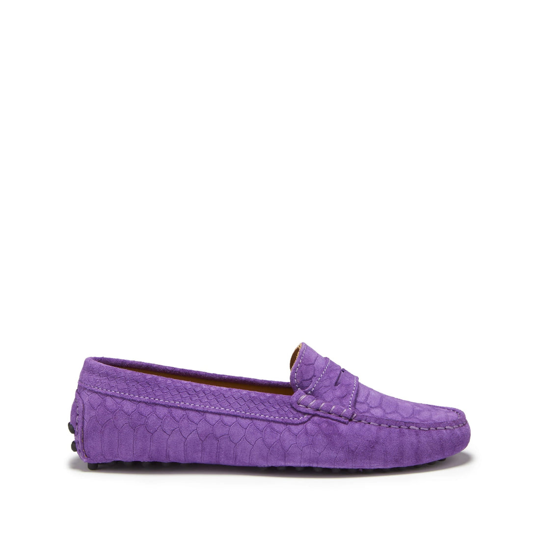 Purple embossed suede penny loafer with stitched trim, shown from the side
