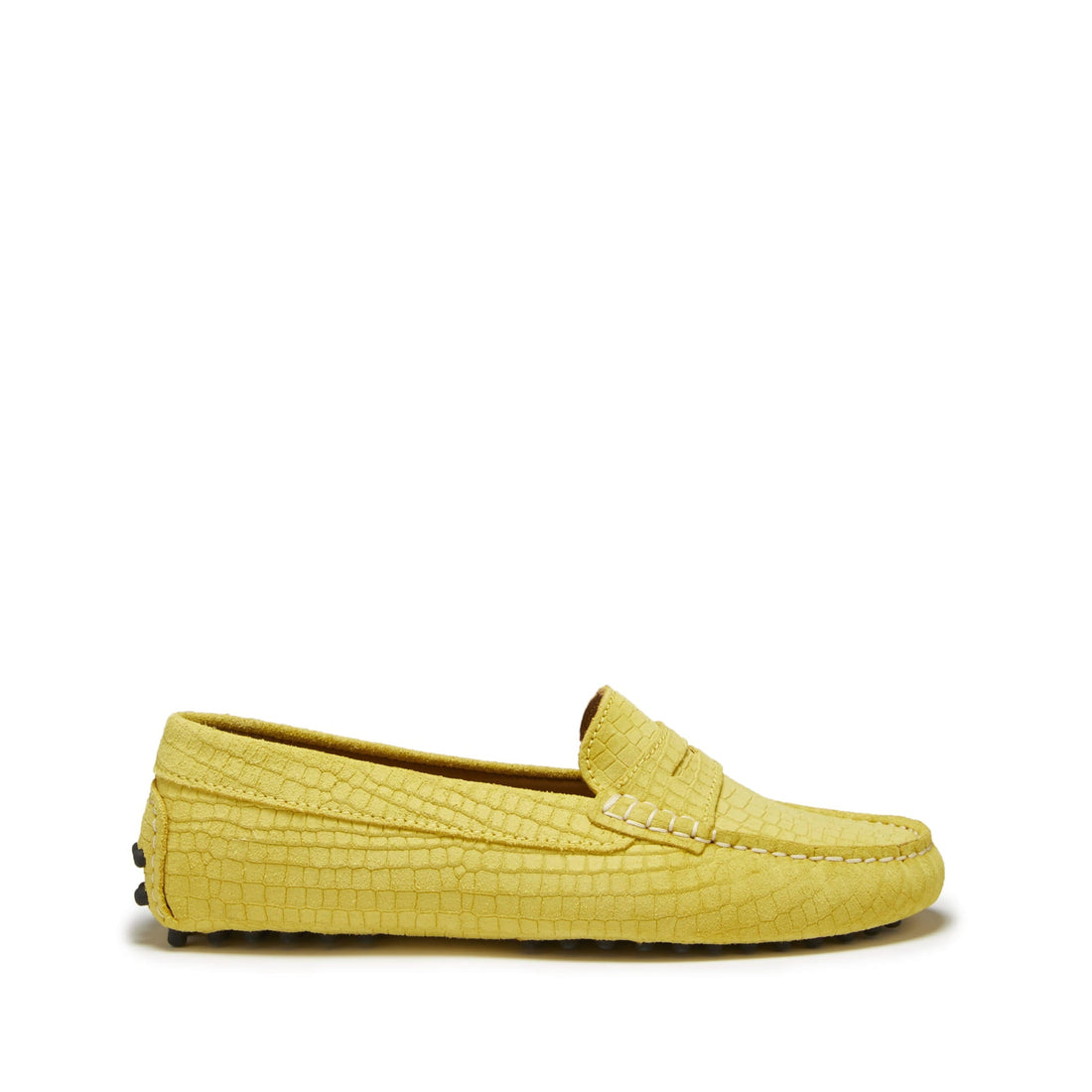 Yellow embossed suede penny loafer with stitched apron toe