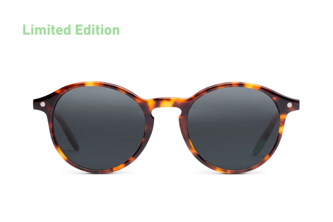 Tortoise acetate sunglasses with dark round lenses and slim arms