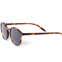 Tortoise sunglasses, angled view, dark lenses with extended bridge and green temple tips