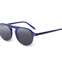 Indigo blue sunglasses, side view, dark lenses with green temple tips