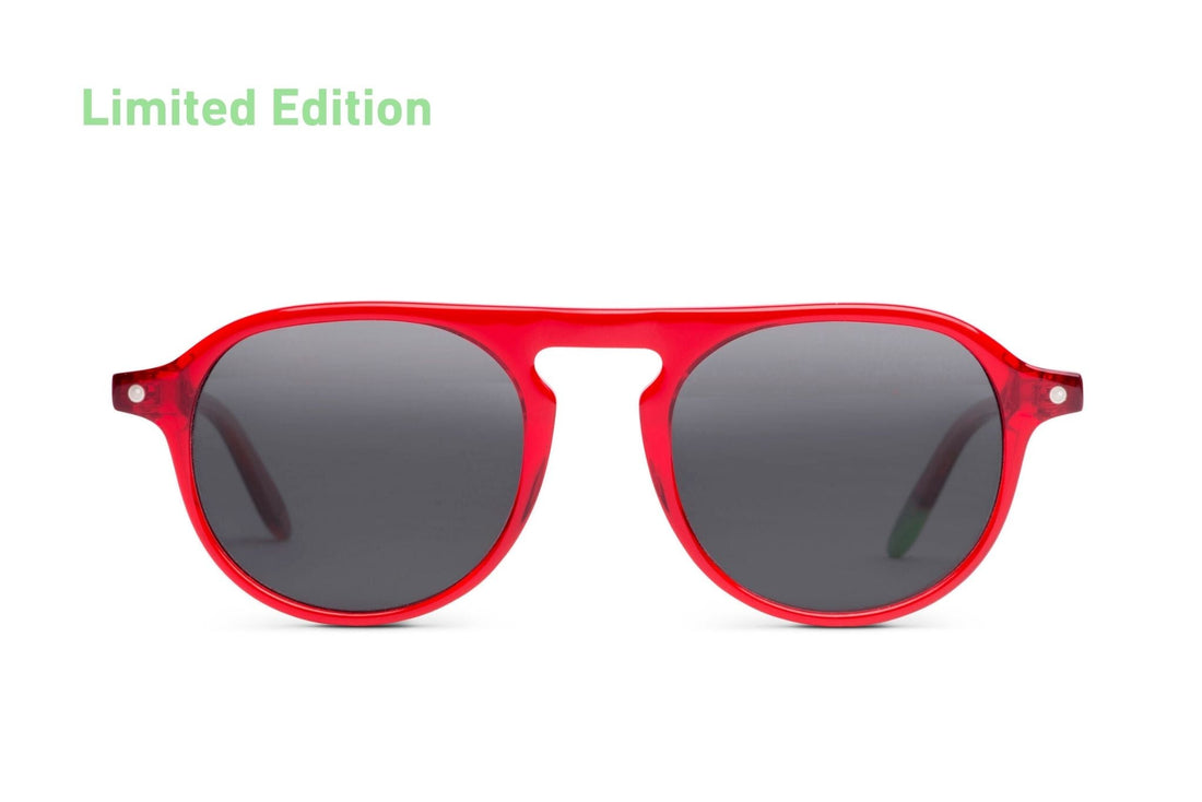 Poppy red Zingaro sunglasses with dark round lenses, full frame