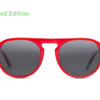 Poppy red Zingaro sunglasses with dark round lenses, full frame