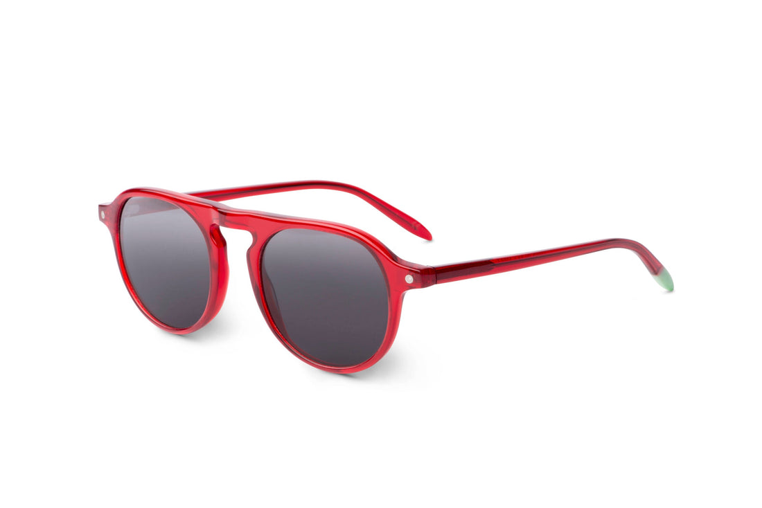 Poppy red Zingaro sunglasses, side view, dark round lenses and slim arms