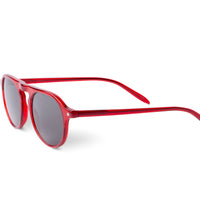 Poppy red Zingaro sunglasses, angled side view, dark lenses on full frame