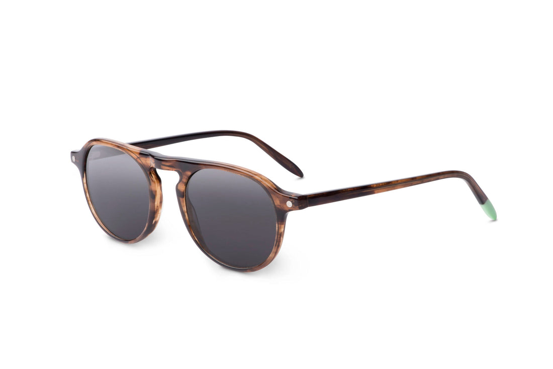 Tortoiseshell brown sunglasses, side view, dark lenses with green temple tips