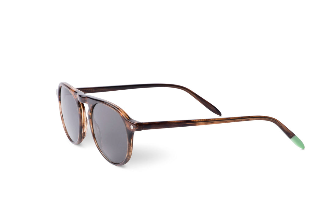 Tortoiseshell brown sunglasses, angled side view, dark lenses, green temple tips