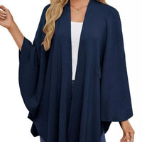 Women's navy cape shawl with front tie and wide drape sleeves