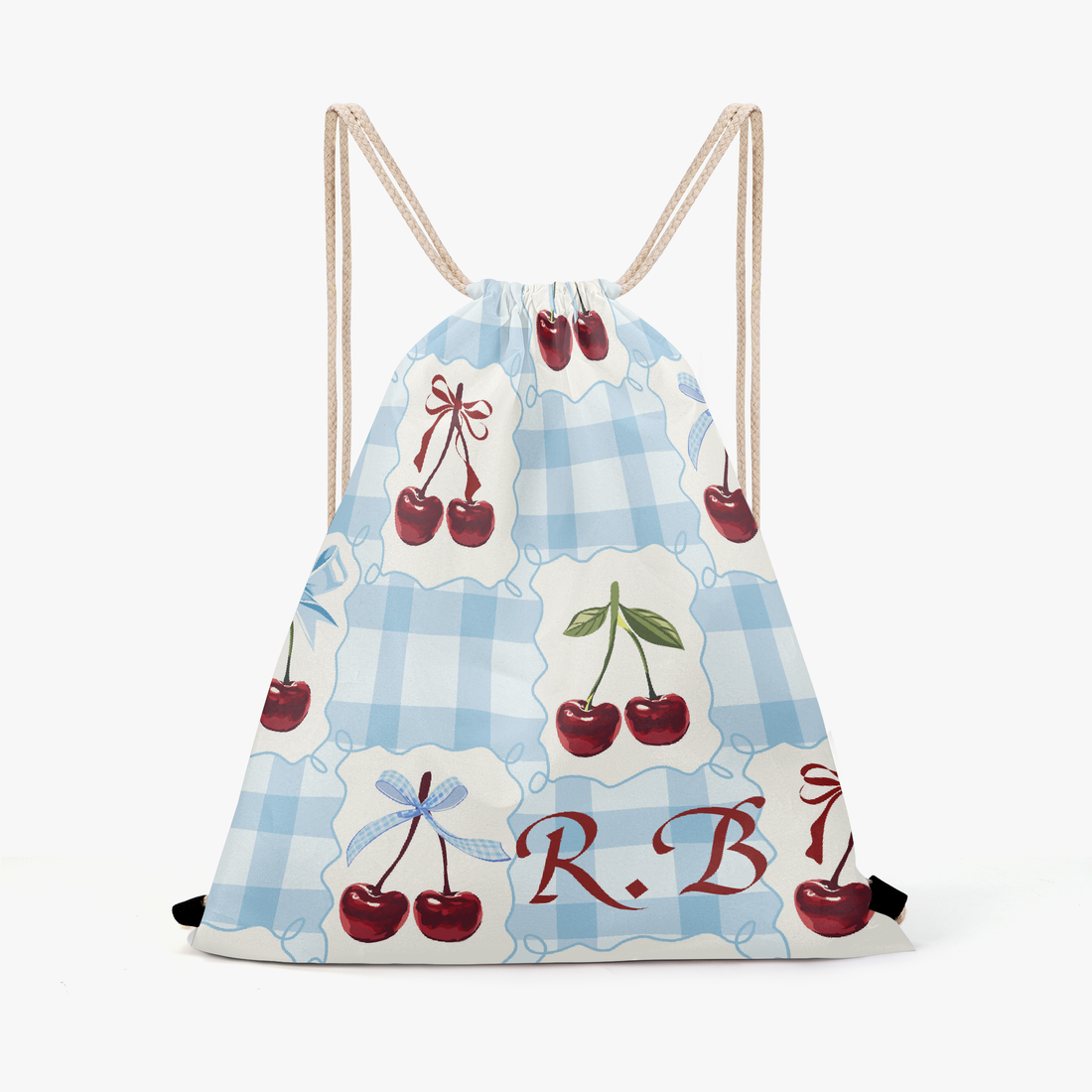 Canvas Drawstring Backpack | Personalized Blue Gingham & Cherry Mini Bag