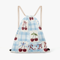 Canvas Drawstring Backpack | Personalized Blue Gingham & Cherry Mini Bag