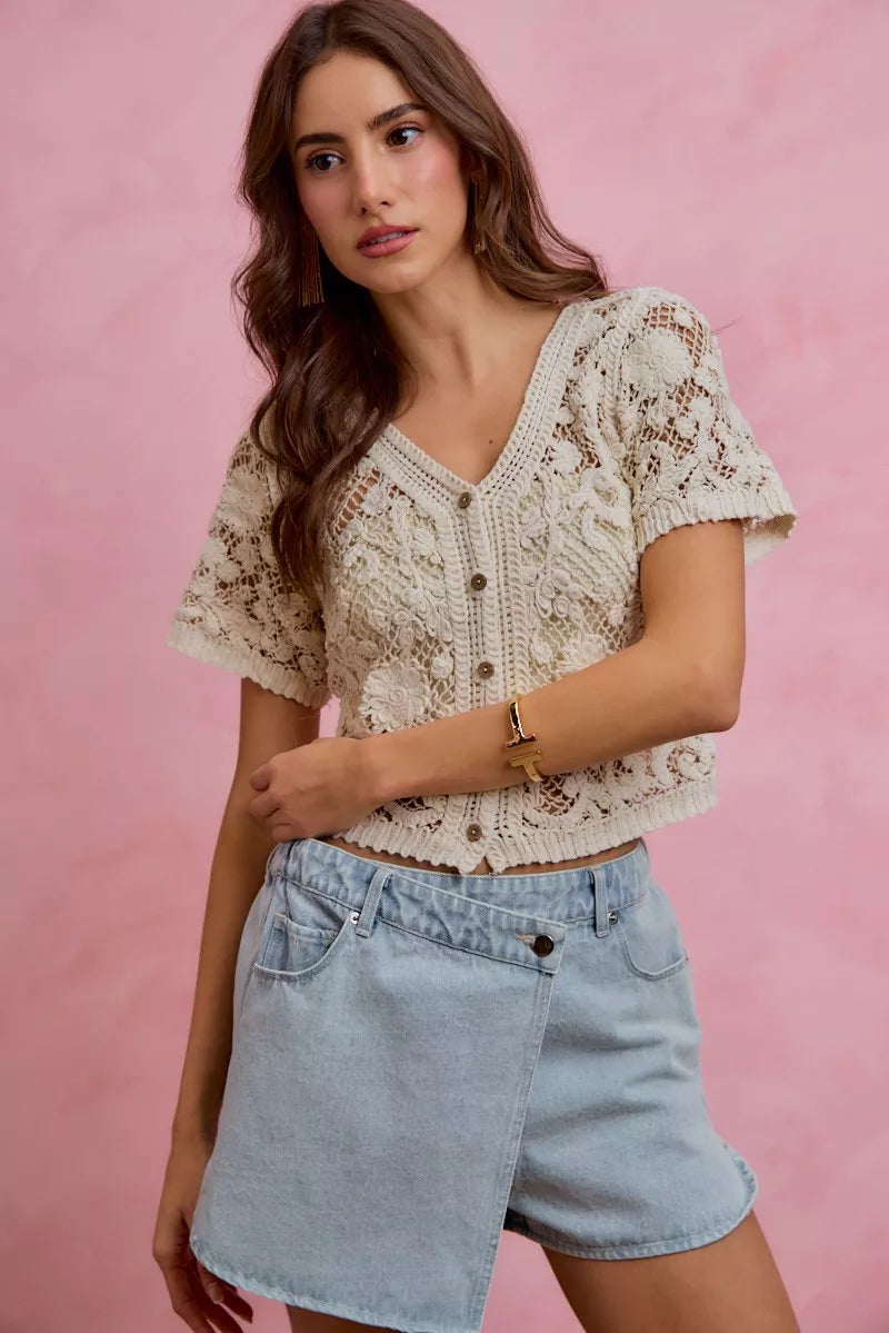Light blue denim wrap skort with button front and two side pockets